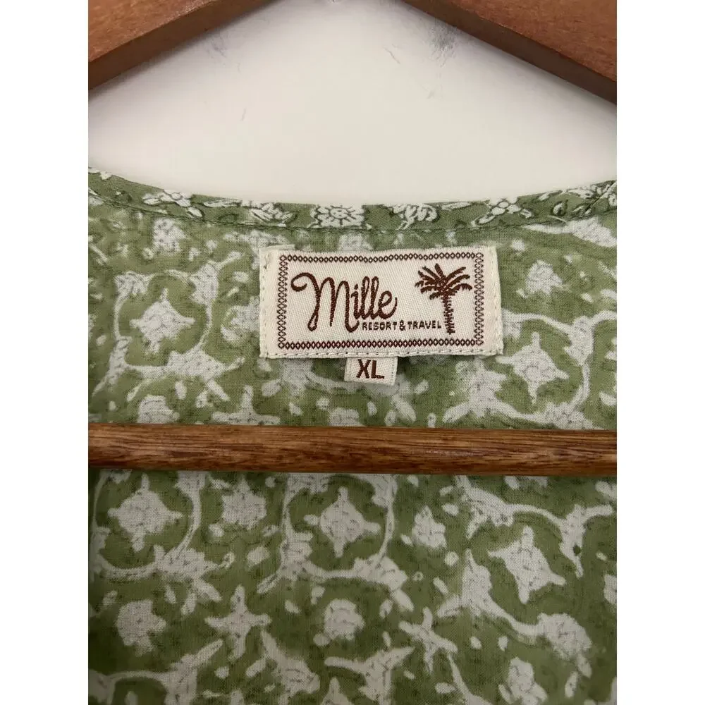 Mille Charlie Peasant Blouse Green Tie Front Cotton Green Block Print India XL - Picture 4 of 10